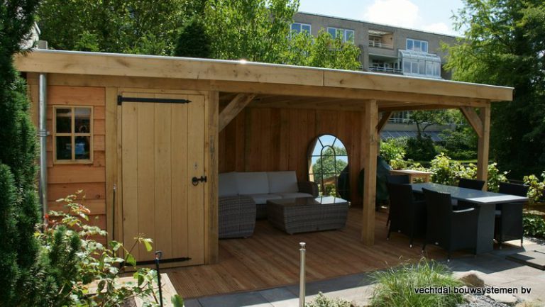 Houten Tuinhuis met overkapping (platdak) Vechtdalbouwsystemen